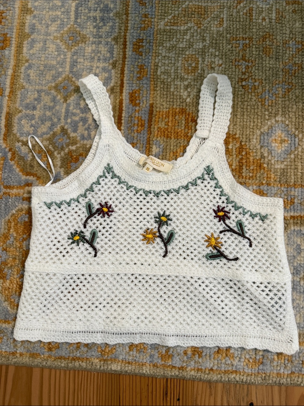 Rebellion White Crochet Tank with Green Accent Trim